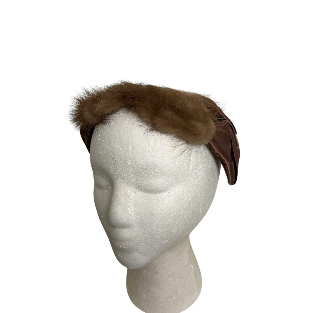 1940s Mink Fur Satin Fascinator Hat Brown Vintage Mob Cap Pinup Retro - Picture 2 of 8